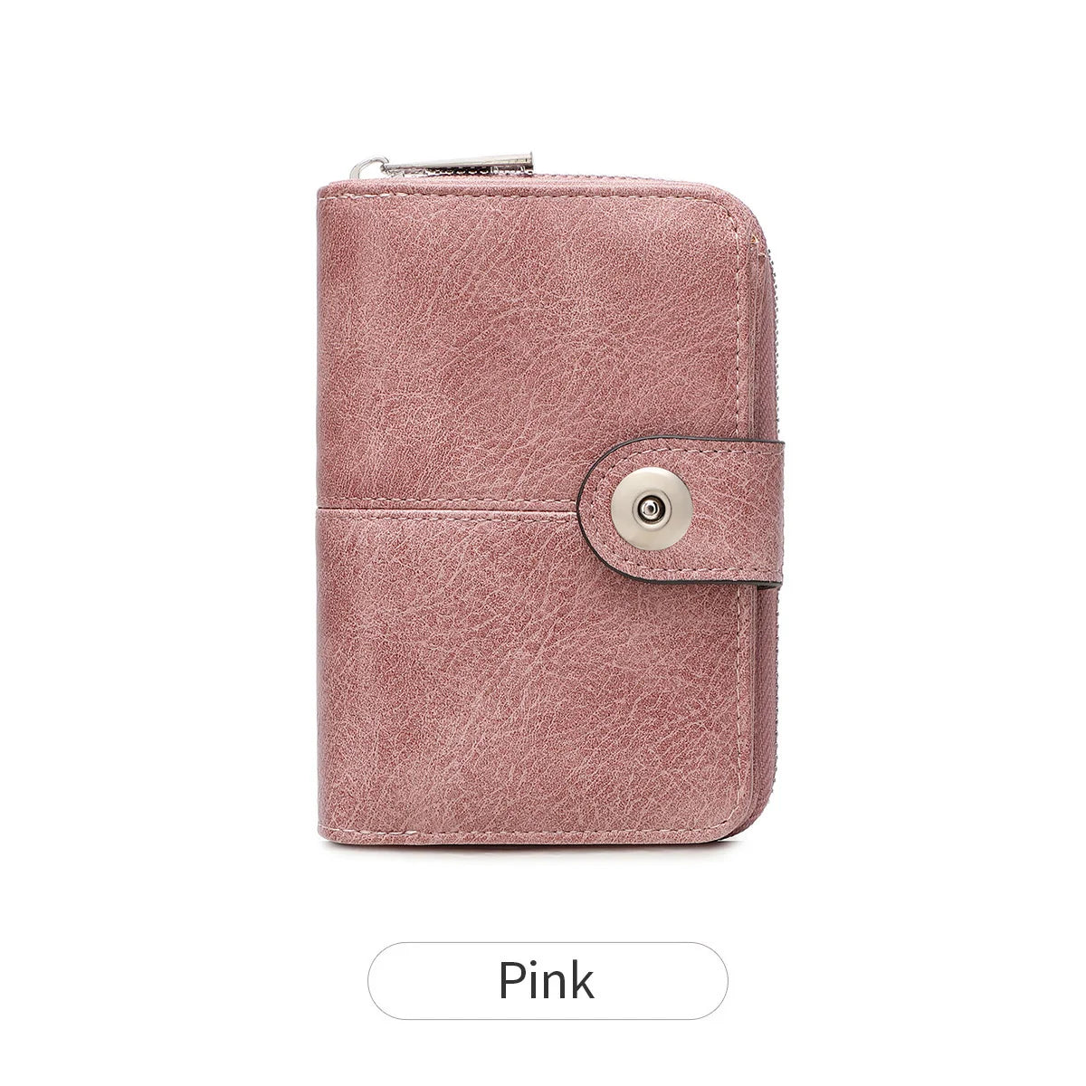 A pink leather wallet with a flap closure and silver zipper.