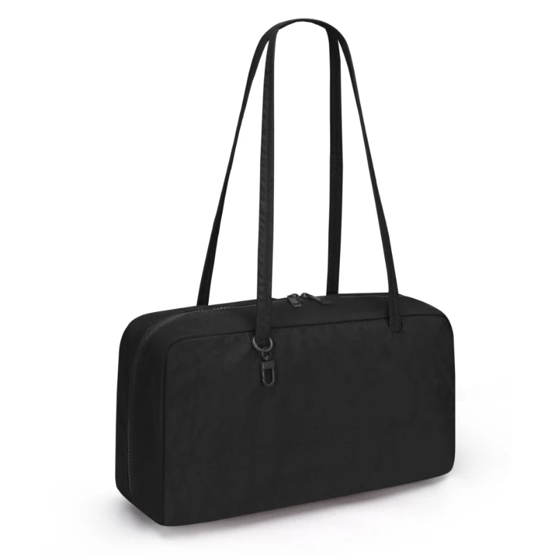 Black nylon shoulder tote bag with long handles