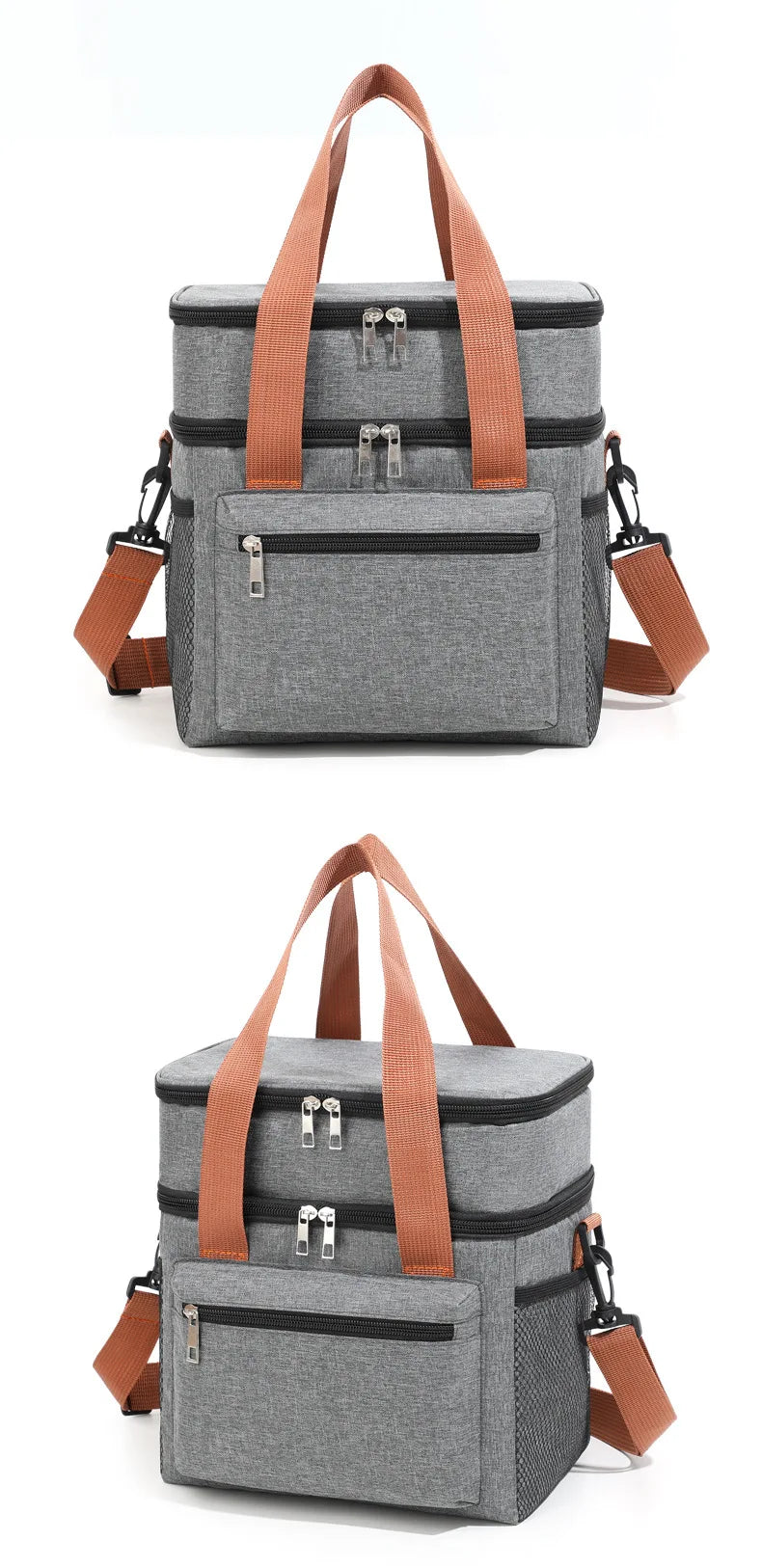 Bolsa térmica gris para picnic con correas marrones y cierres plateados.