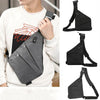 Black anti-theft crossbody chest bag for men shown in various angles and worn on a white shirt.