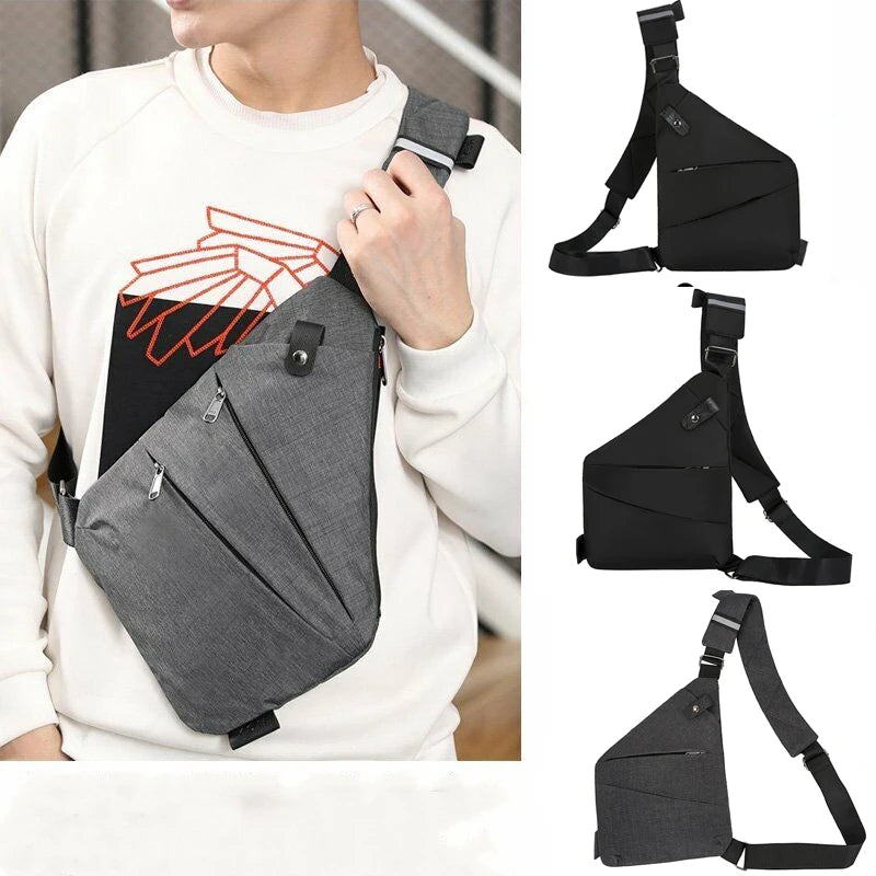 Black anti-theft crossbody chest bag for men shown in various angles and worn on a white shirt.