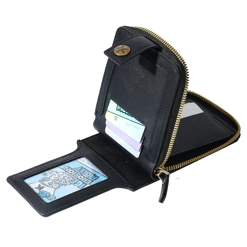 Black retro horizontal zipper card wallet for men with a gold accent and visible cards.