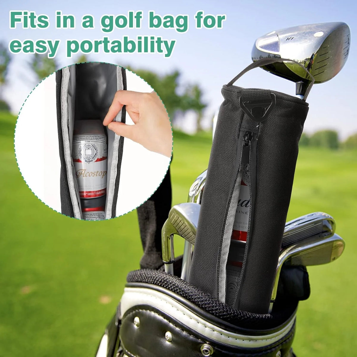 Insulated golf bag beer cooler sleeve fitting into a golf bag for portability