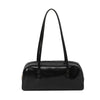 A black glossy PU leather tote bag with dual straps shown from the front.