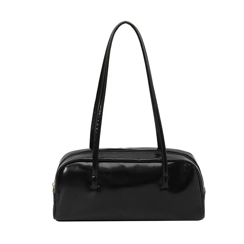 A black glossy PU leather tote bag with dual straps shown from the front.