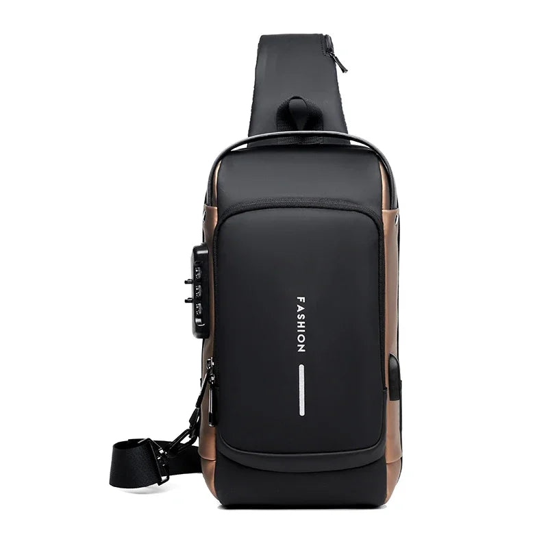 Schwarze und beige Designer Anti-Diebstahl-Crossbody-Slingbag mit Klappverschluss.
