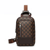 A brown geometric pattern crossbody bag with a leather strap and zipper pocket.