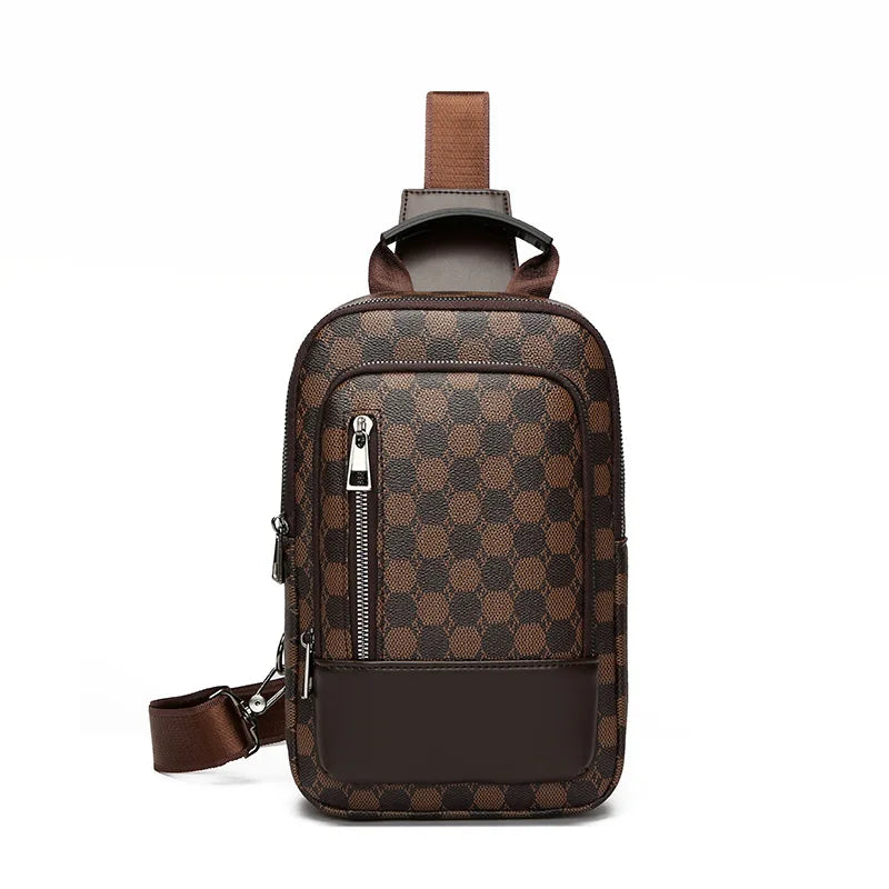 A brown geometric pattern crossbody bag with a leather strap and zipper pocket.