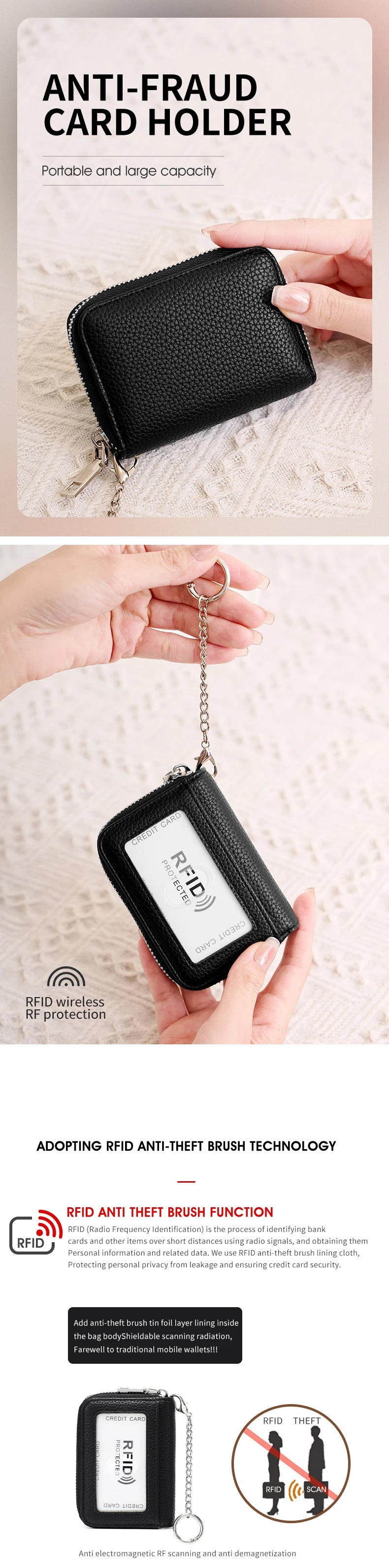 Black anti-fraud card holder wallet shown being held, demonstrating RFID protection technology.
