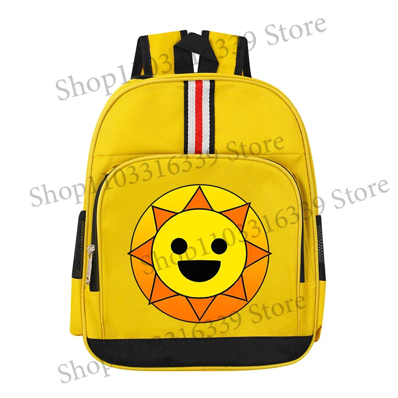 A yellow cartoon anime backpack featuring a smiling sun design and black and red stripes.