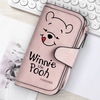 A pink zippered pouch featuring a cartoon bear face and the text Winnie the Pooh on a white background.