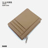 A tan genuine leather zipper card holder with a metallic clasp.