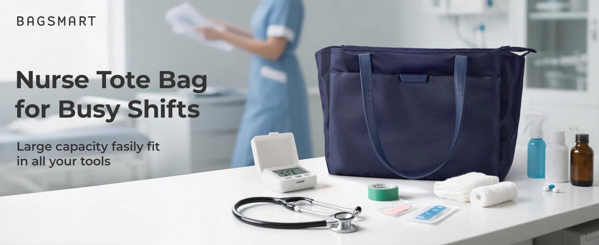 A navy blue nurse tote bag with a strap sits on a white table next to medical tools and supplies.