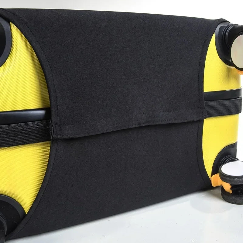 Black and yellow stretch fabric luggage protector cover with black straps