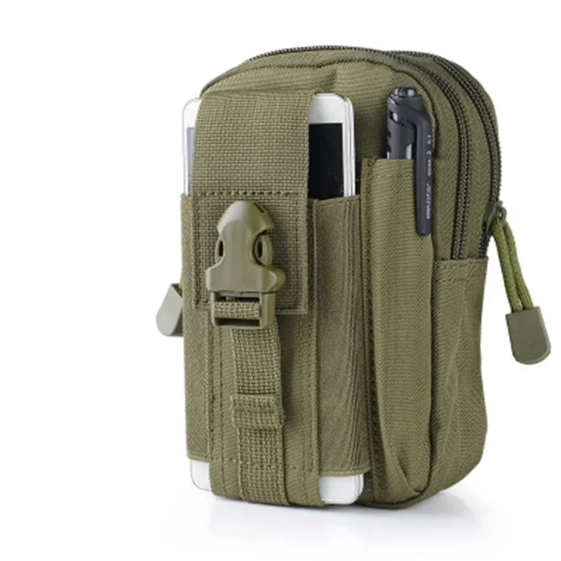 Olivgrüne taktische Beinbag mit vertikaler Öffnung für Smartphone und Stift.