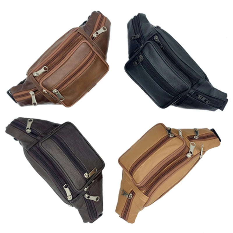 A set of three brown and black PU leather waist packs shown from the side.
