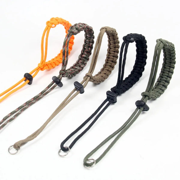 Handwoven paracord camera wrist straps in orange, brown, and black colors