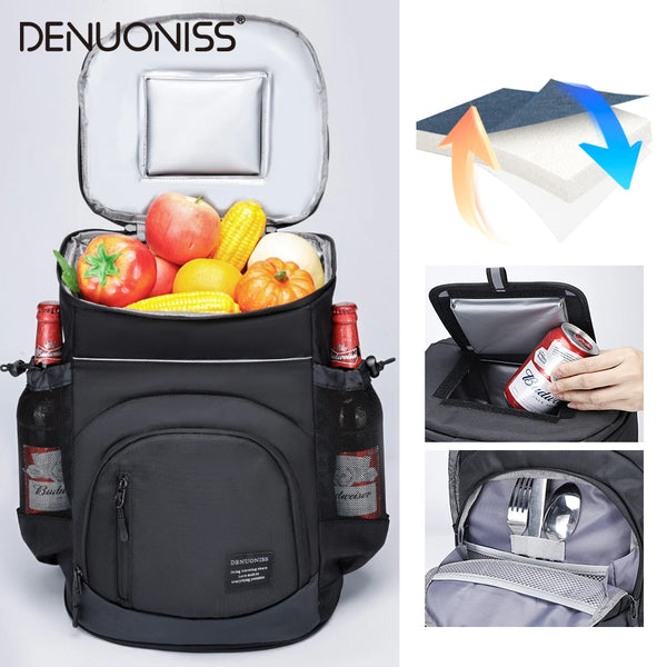 Sac isotherme thermique noir avec couvercle, montrant divers aliments et un glaçon.
