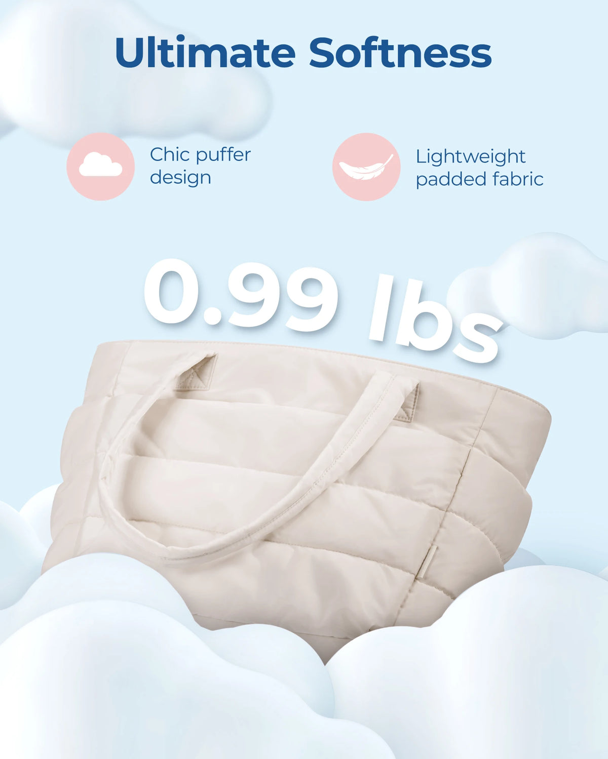 A beige quilted tote bag is shown against a light blue background with clouds, highlighting its ultimate softness and lightwe