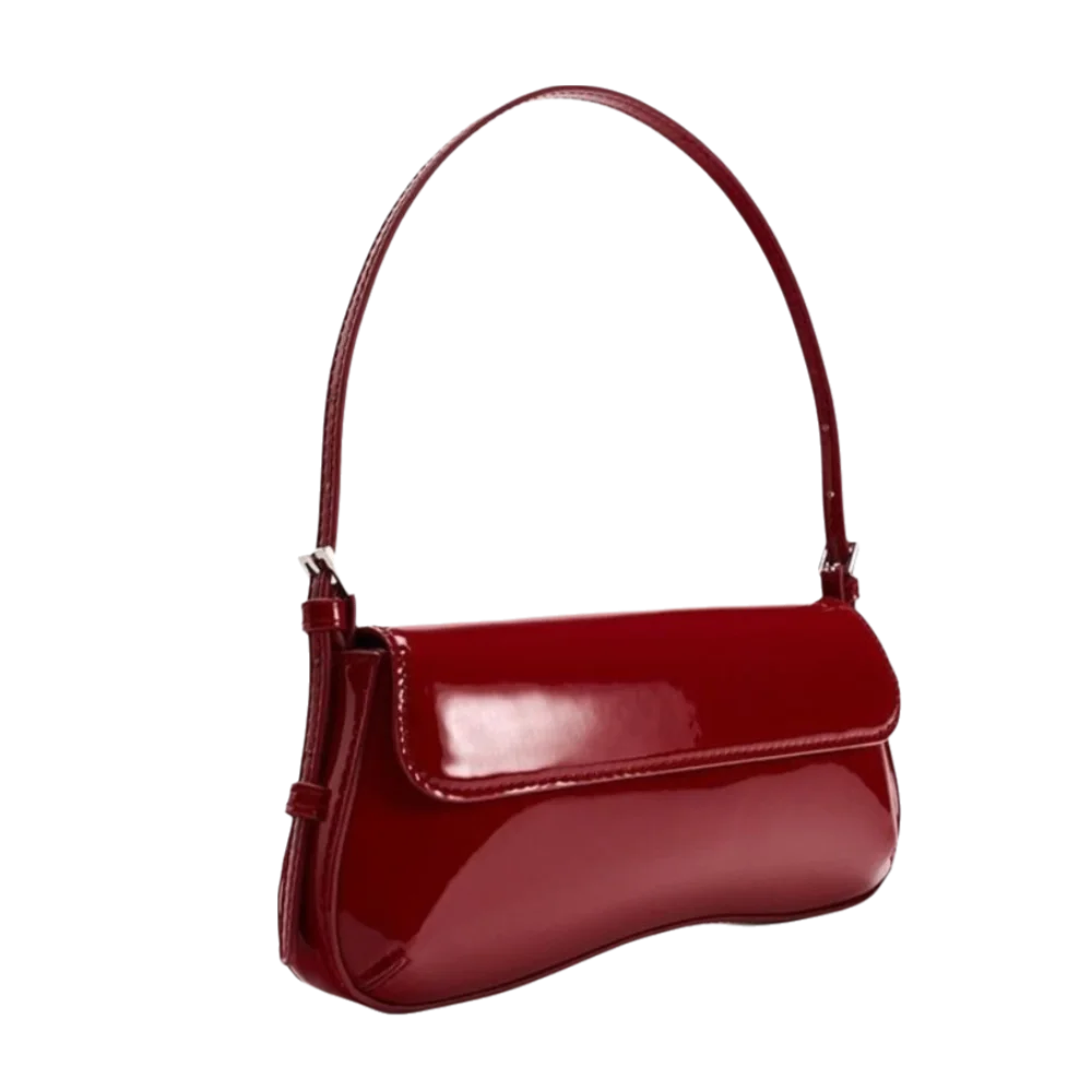 A deep red PU leather shoulder bag with an adjustable strap shown against a black background.