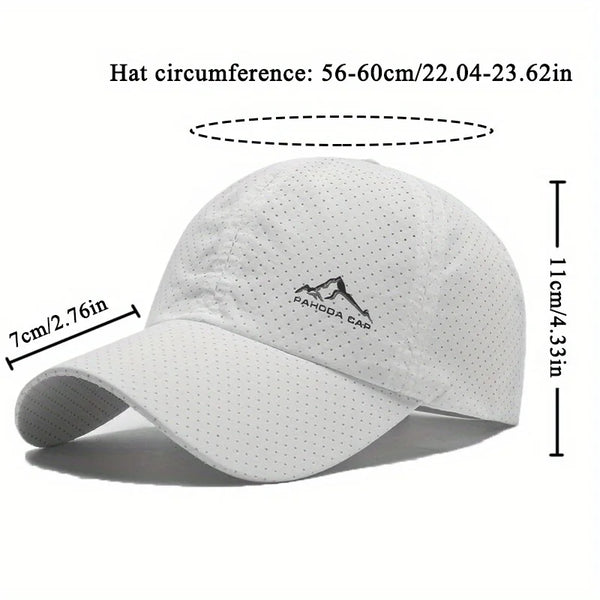 White perforated baseball cap shown from the side with measurements and a logo.