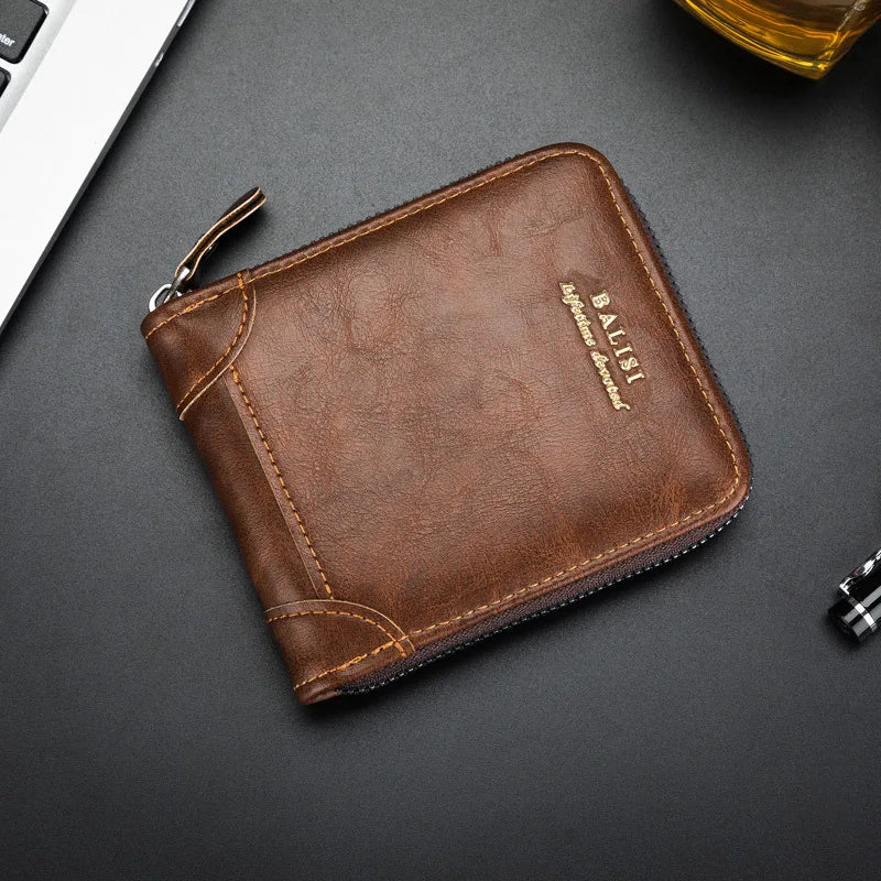 A brown retro PU leather men's wallet resting on a dark surface.