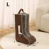 A brown waterproof boot storage bag displayed on a round mat, showing its dimensions.