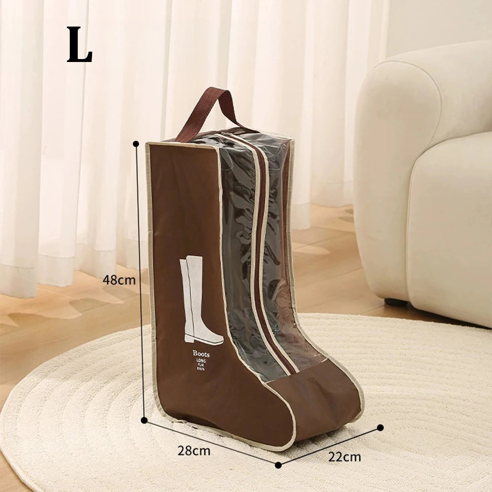 A brown waterproof boot storage bag displayed on a round mat, showing its dimensions.