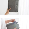 A gray multi-pocket waterproof travel document organizer is shown being held by a hand.