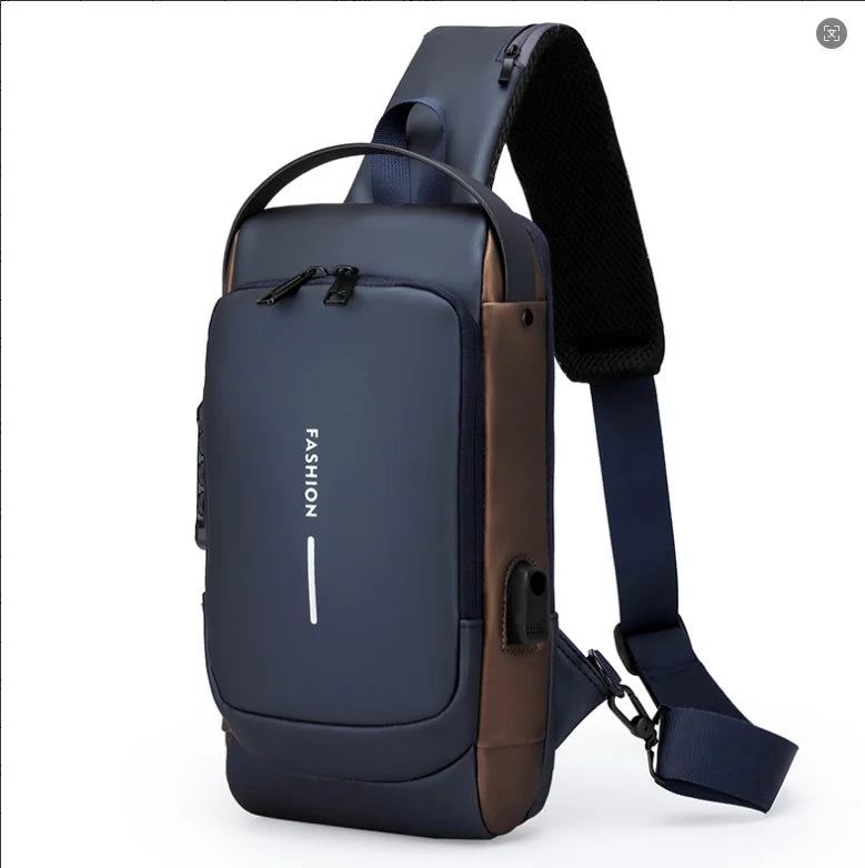 A dark blue anti-theft crossbody chest bag with brown accents and a black strap.