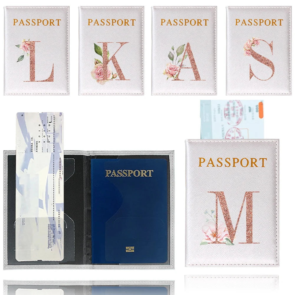Elegant PU travel passport holder featuring initial letters L, K, A, and M on individual passport covers.