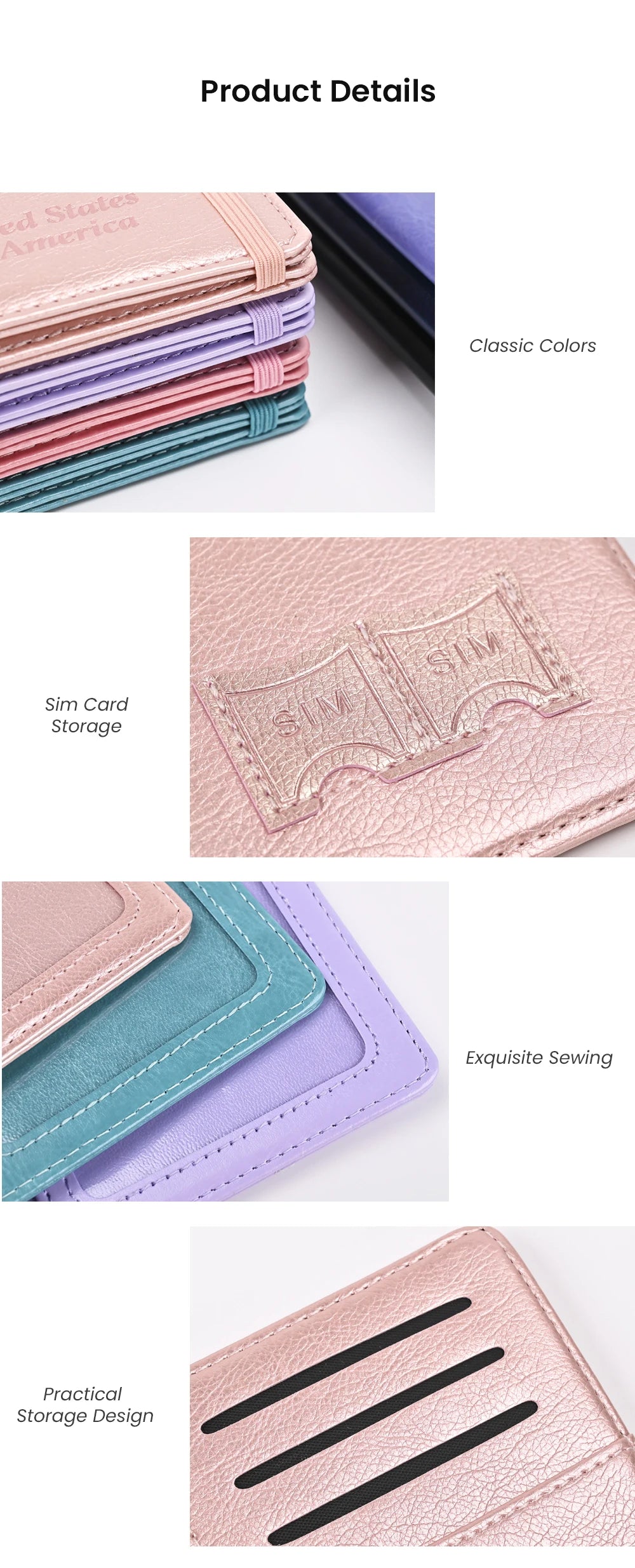 Pink and purple RFID blocking PU leather passport holders stacked and displayed with close-ups of stitching