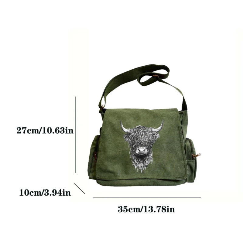 Sac bandoulière à imprimé vache vintage vert olive avec sangle en cuir et motif de tête proéminent