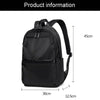 Black men's lightweight laptop backpack shown from the front with dimensions.