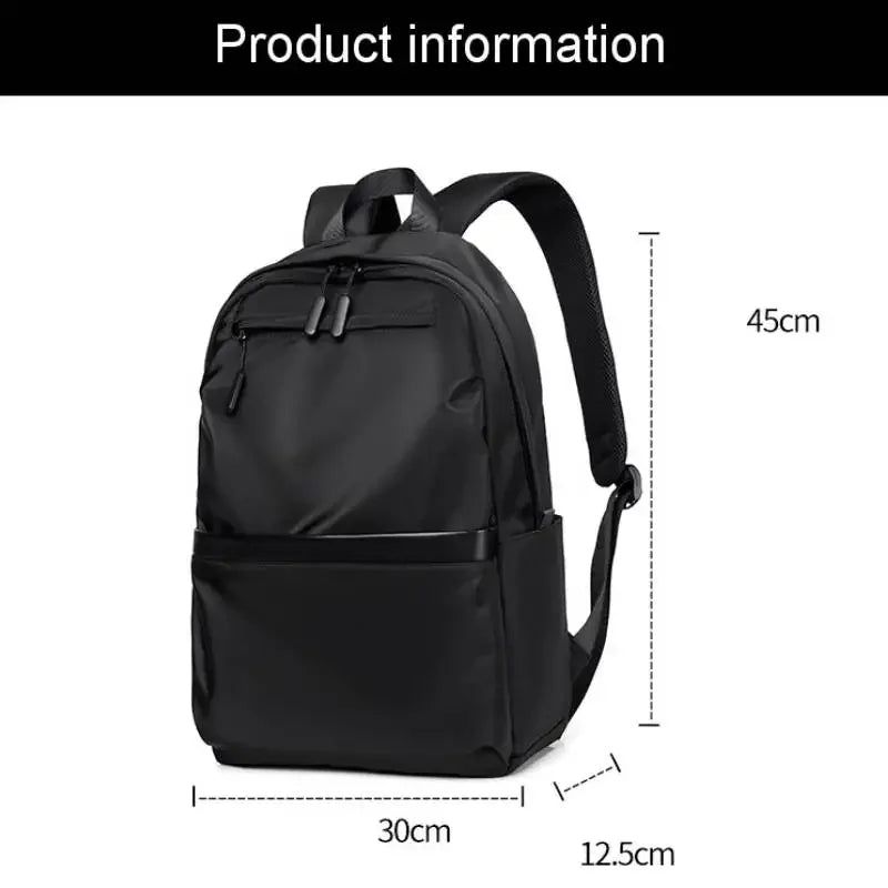 Black men's lightweight laptop backpack shown from the front with dimensions.