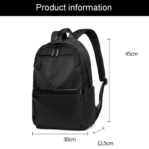 Black men's lightweight laptop backpack shown from the front with dimensions.