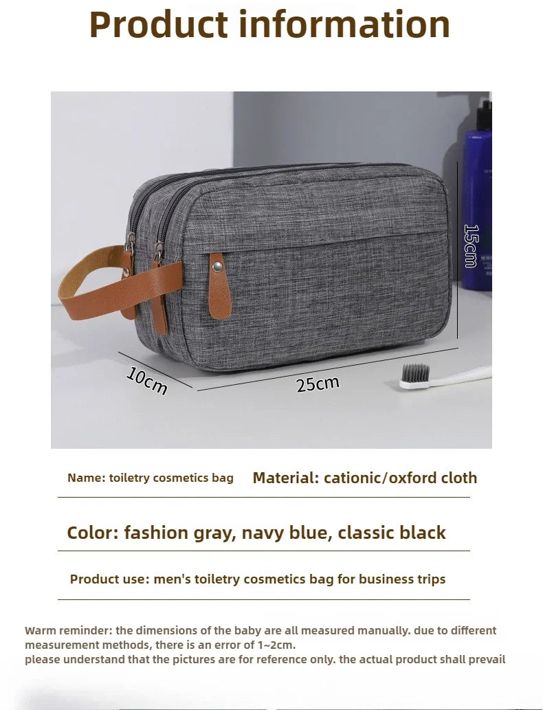 A gray toiletry cosmetics bag with brown straps shown in a studio setting.