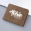 A brown PU leather wallet featuring a white cartoon print of the word Write and dice.