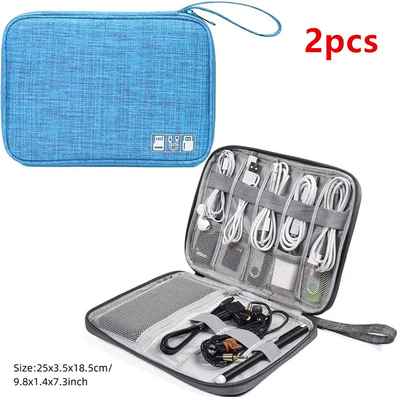 Two blue portable digital organizer storage pouches, one zippered and one open for accessories.