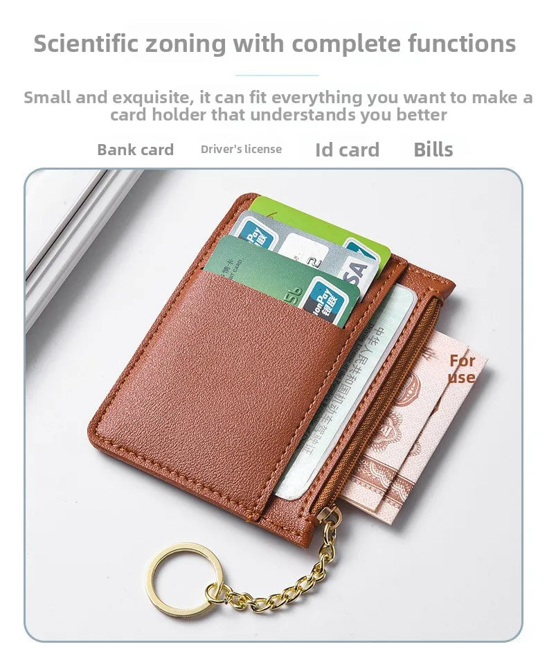 Braunes Leder-Kartenträger-Wallet mit Reißverschluss, das verschiedene Karten und eine ID zeigt.