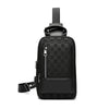 Black men's crossbody bag with a checkered pattern and adjustable strap