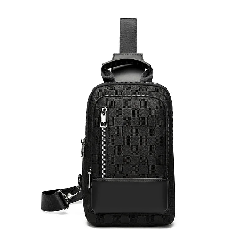 Black men's crossbody bag with a checkered pattern and adjustable strap