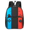 A black backpack featuring a colorful design with blue, black, and red panels and a front pocket.
