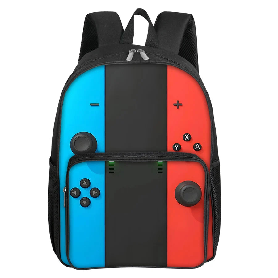 A black backpack featuring a colorful design with blue, black, and red panels and a front pocket.