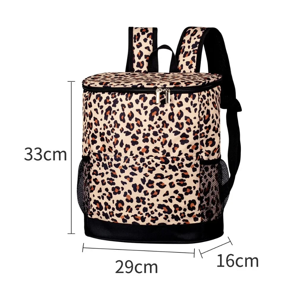 A black and beige leopard print insulated cooler backpack with a black strap and zippered top.