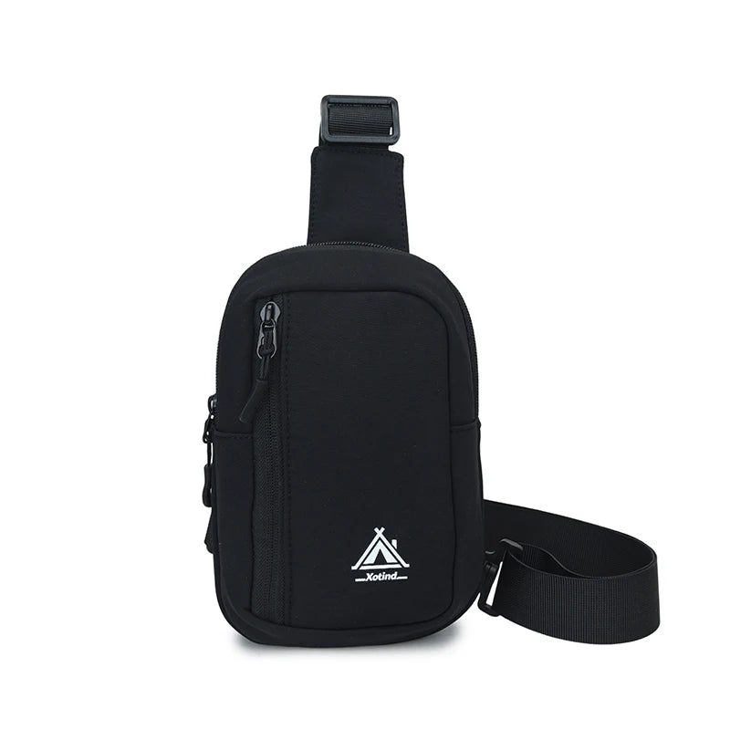 Black nylon sling crossbody bag with a strap and zipper.
