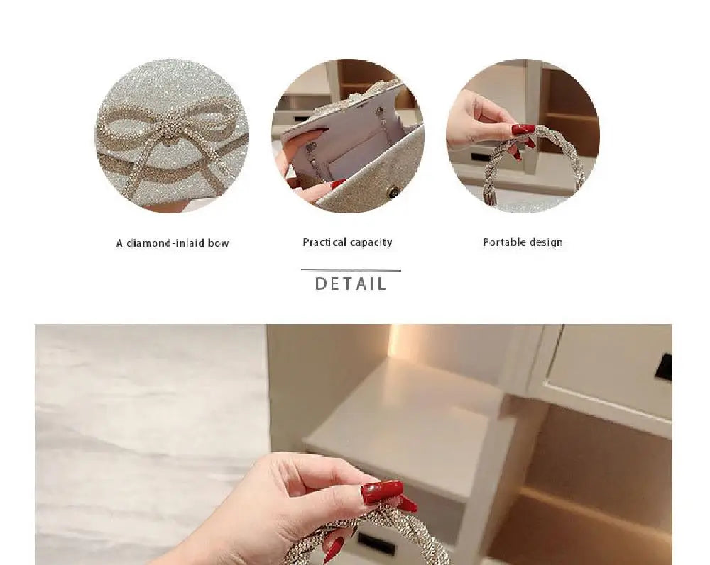 Primer plano de un bolso de mano con lazo brillante para la noche, mostrando su diseño y características de portabilidad.