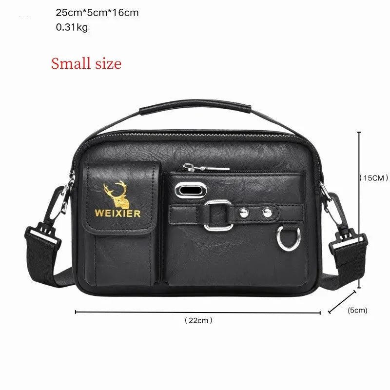 Black men's PU leather crossbody shoulder bag with a handle and flap closure