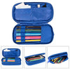 A blue double layered pencil case for kids showing various colored pencils and stationery inside.