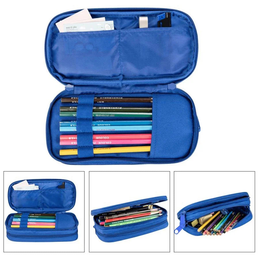 A blue double layered pencil case for kids showing various colored pencils and stationery inside.